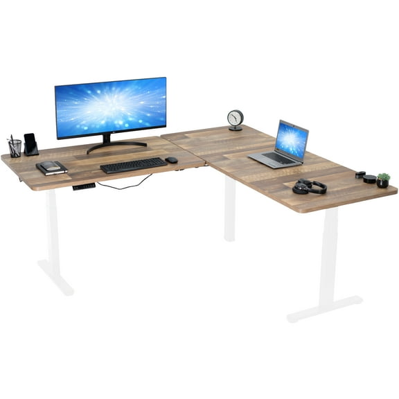 VIVO Electric 77" x 71" Corner Desk, Reclaimed Wood Table Tops, White Frame