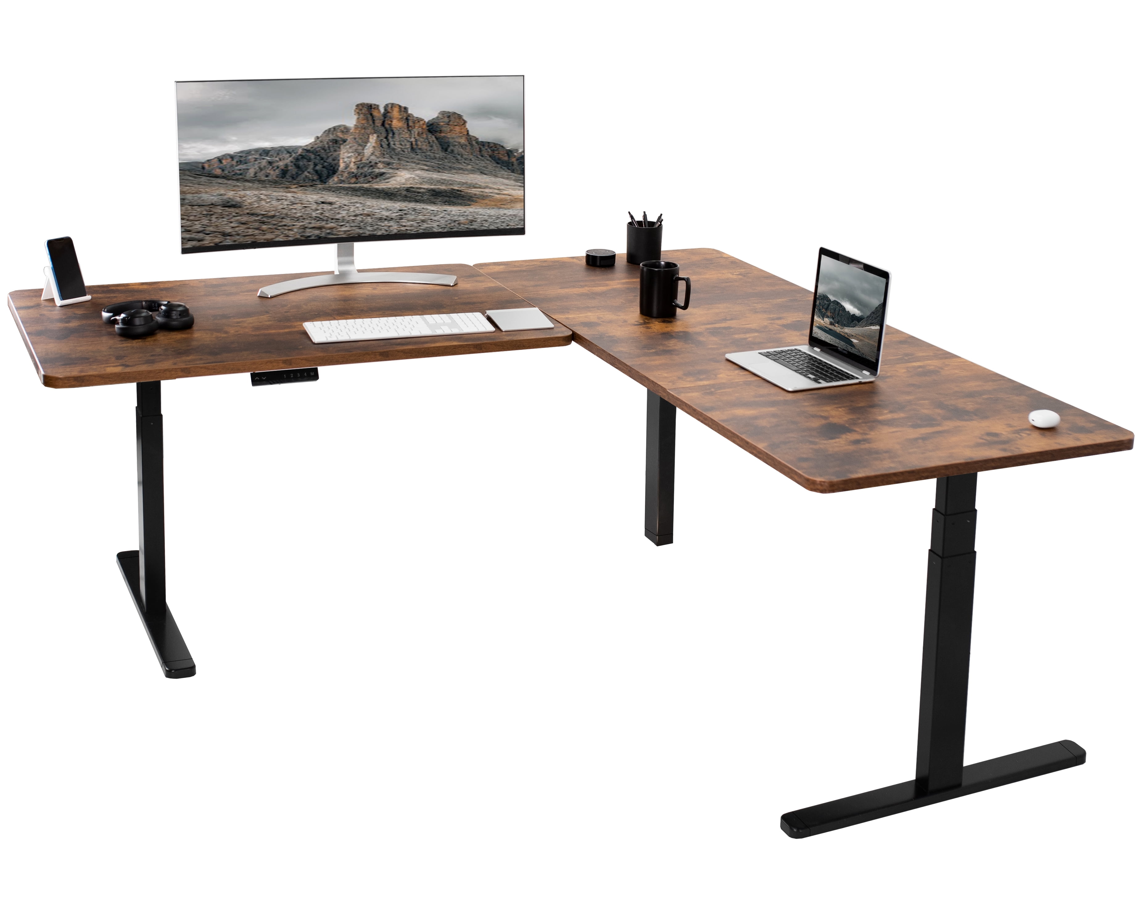 Vintage Brown and Black Adjustable Height L-Shaped Computer Desk