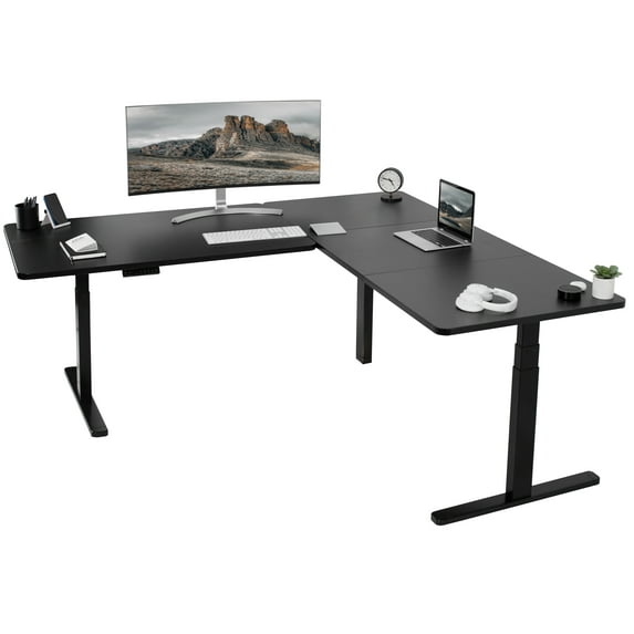 VIVO Electric 77" x 71" Corner Stand Up Desk, Black Table Tops, Black Frame