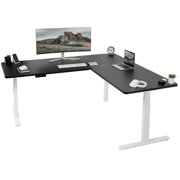 VIVO Electric 77" x 71" Corner Stand Up Desk, Black Table Tops, White Frame