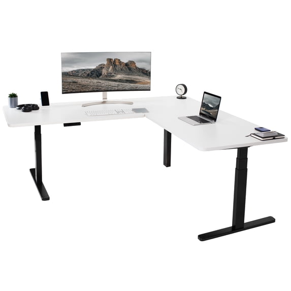 VIVO Electric 77" x 71" Corner Stand Up Desk, White Table Tops, Black Frame