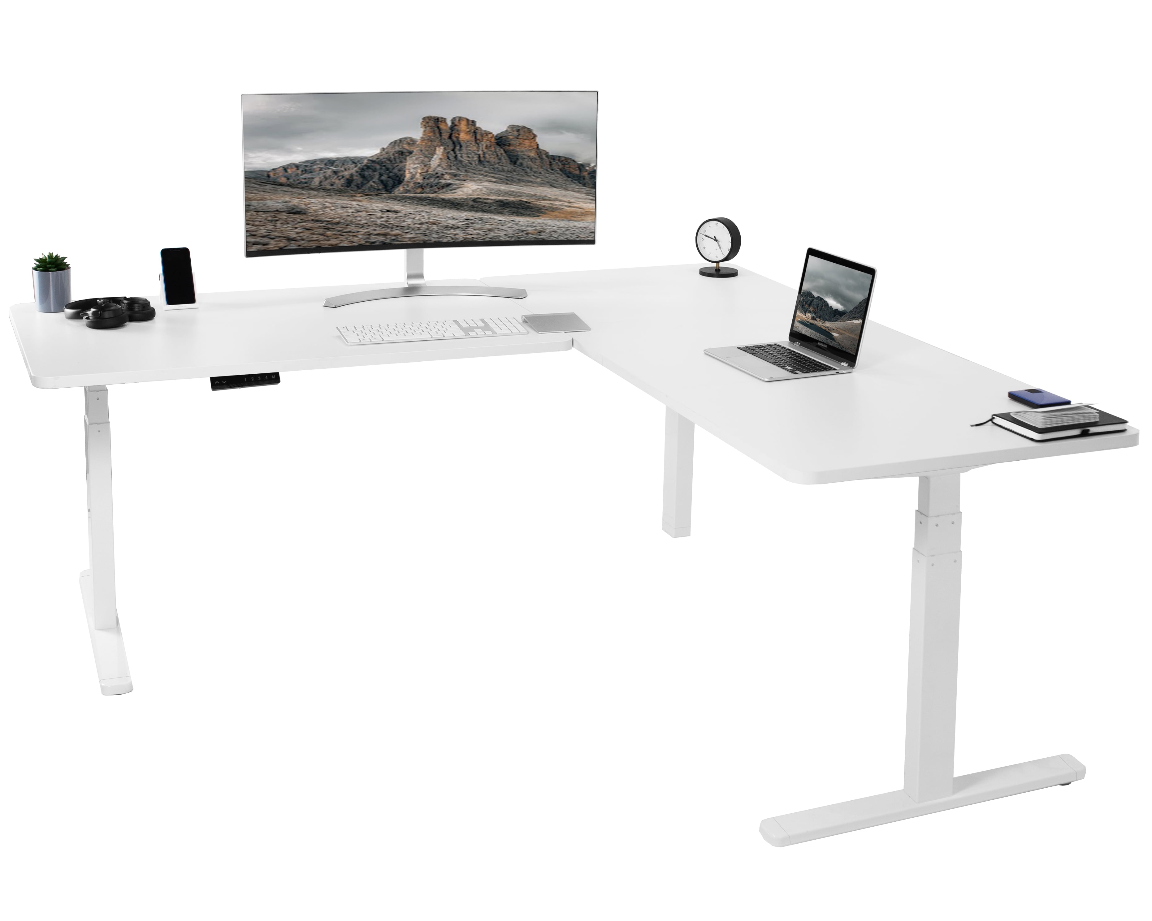 White Adjustable Height Electric Corner Standing Desk with Particle Board Top