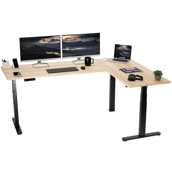 VIVO Electric 78" x 55" Stand Up Corner Desk, Light Wood Table Tops, Black Frame