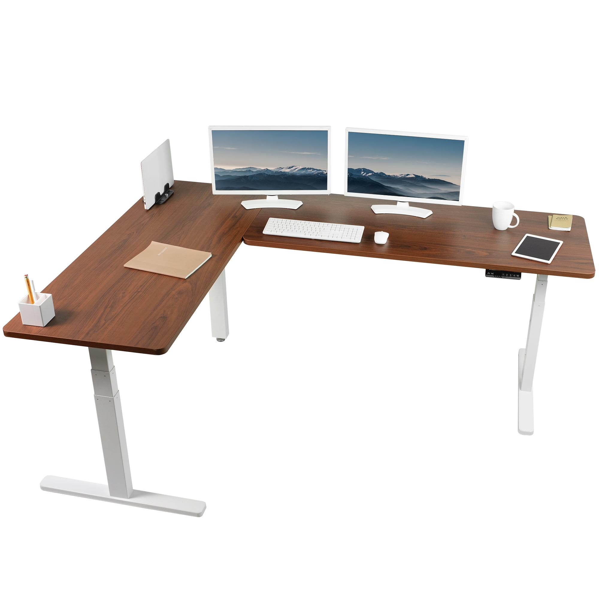 Dark Walnut & White Electric Adjustable L-Shaped Desk with Memory Settings