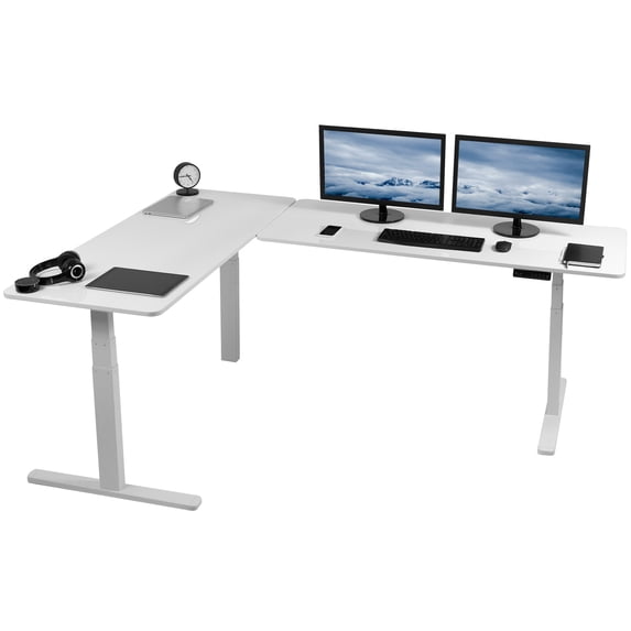 VIVO Electric 83" x 60" Stand Up Corner Desk, Dry Erase Table Tops, White Frame
