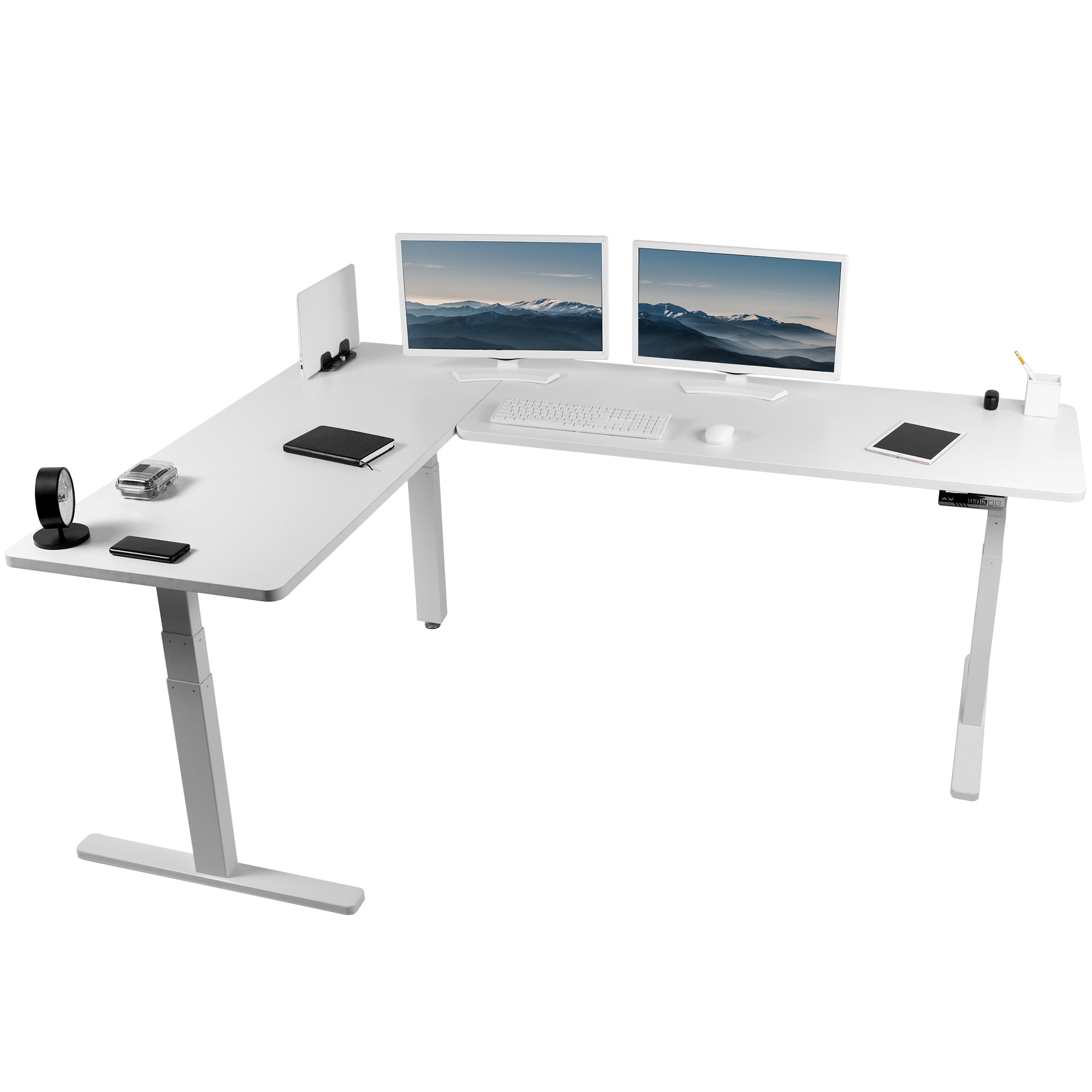 White L-Shaped Electric Adjustable Height Corner Desk with Keyboard Tray