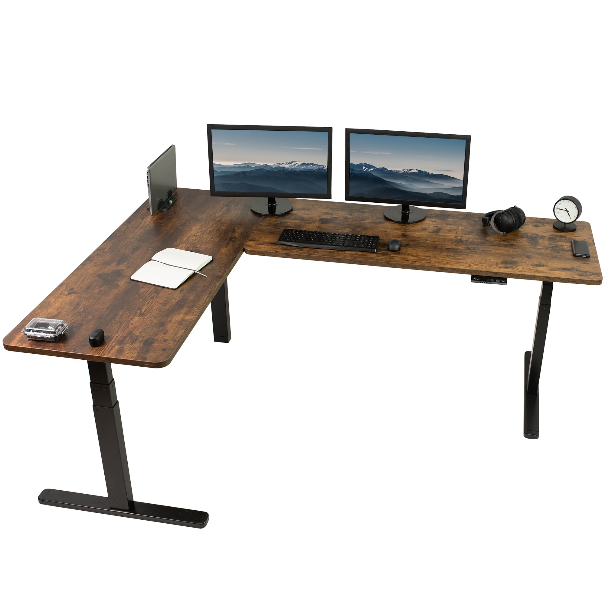 Vintage Brown and Black Electric Adjustable L-Shaped Desk