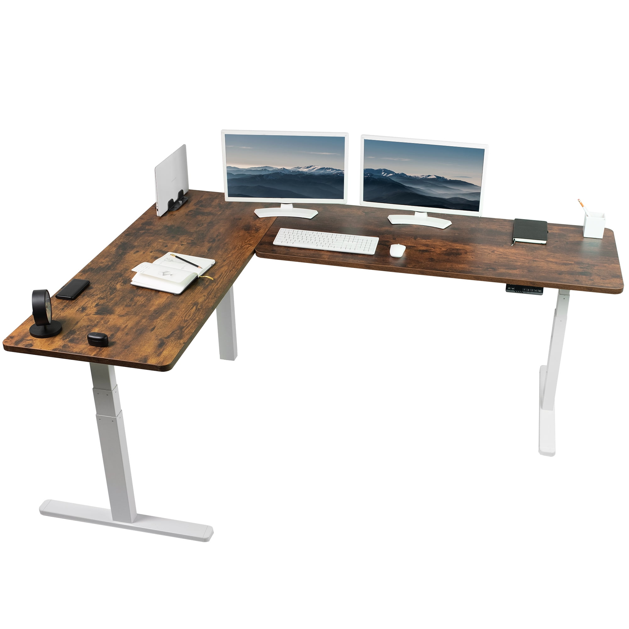 Vintage Brown and White L-Shaped Electric Standing Desk with Drawers