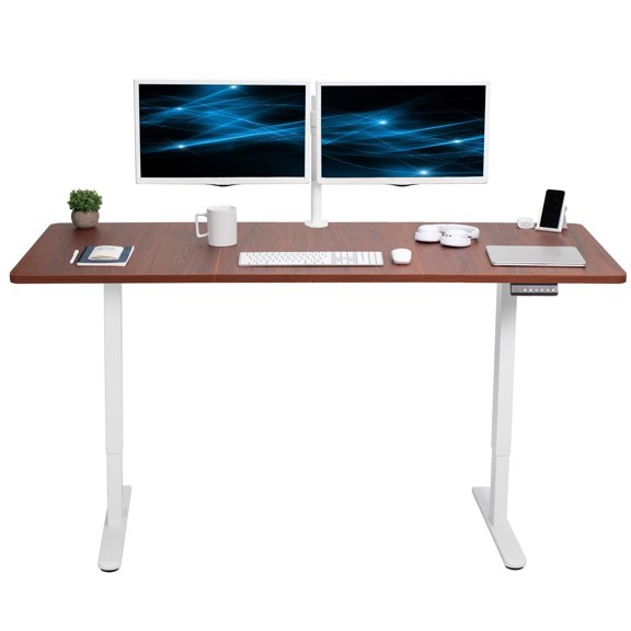 VIVO Electric Dual Motor 71” x 30” Standing Desk, Dark Walnut Top, White Frame