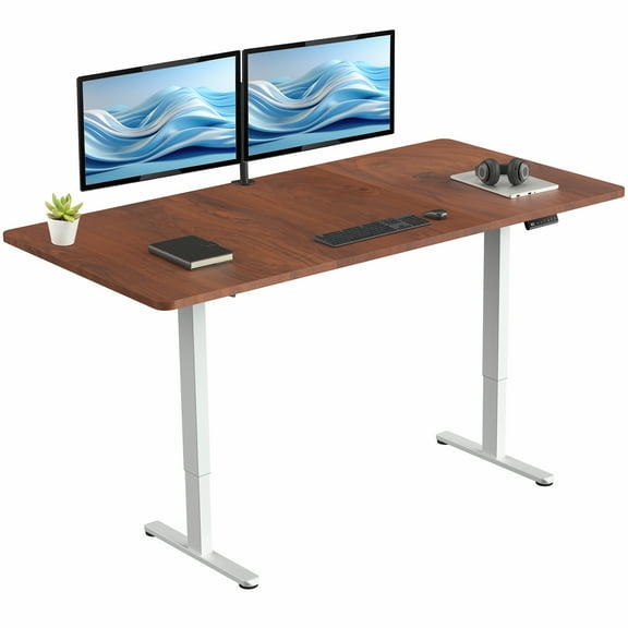 VIVO Electric Dual Motor 71 x 36 Standing Desk, Dark Walnut Top, White Frame
