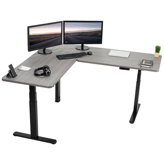 VIVO Electric Stand Up Corner Desk, Dark Gray Table Tops, Black Frame