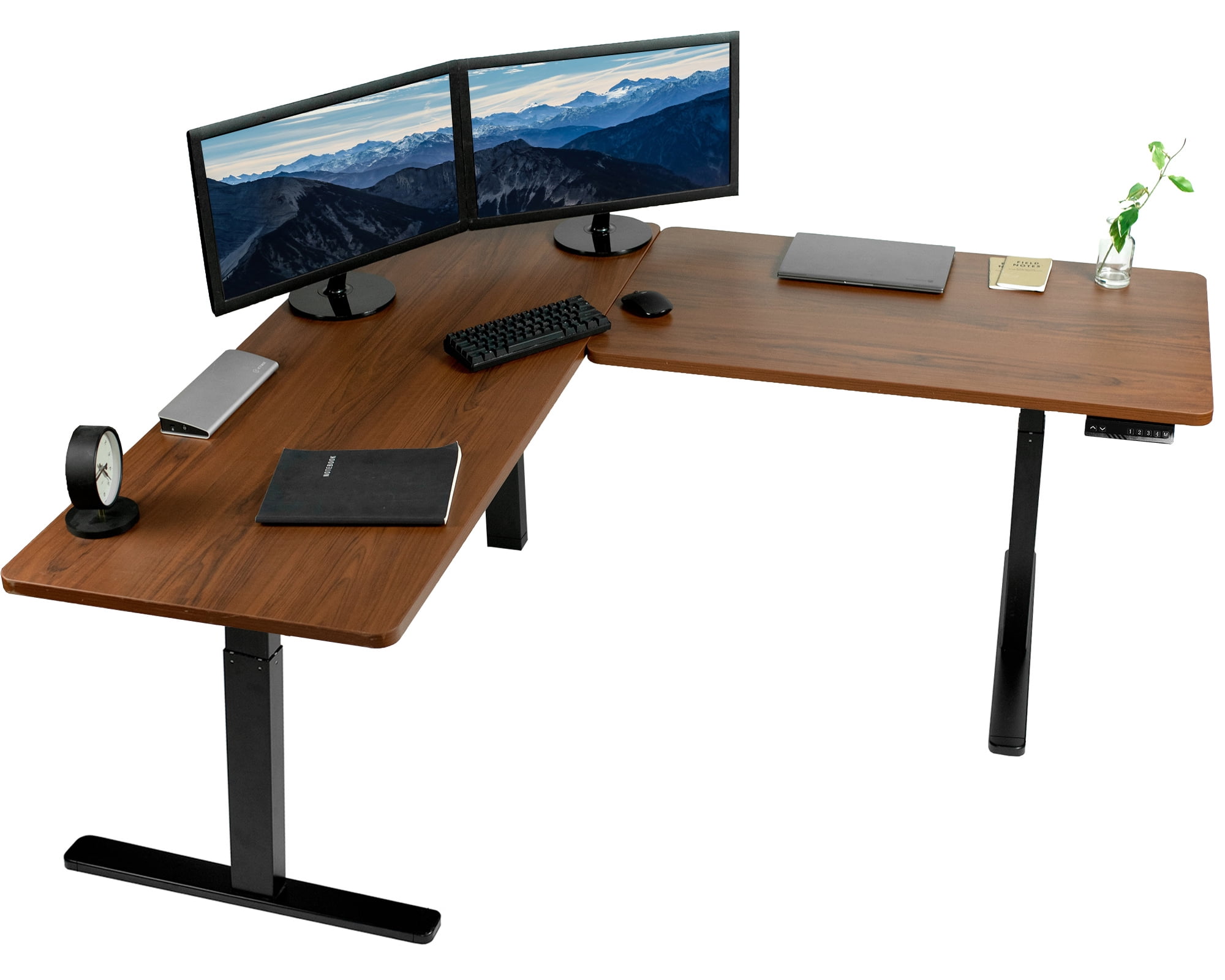 67in Dark Walnut and Black L-Shaped Adjustable Height Desk