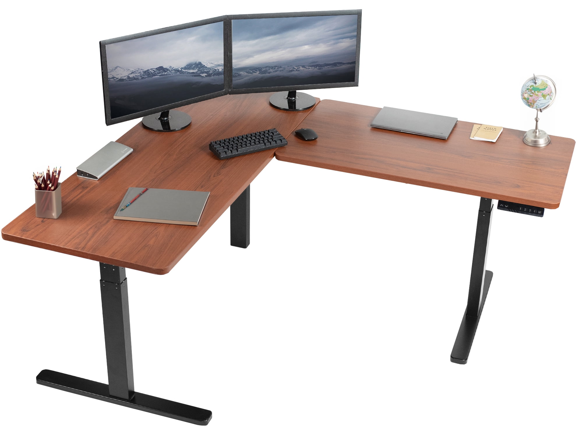 67in Dark Walnut and Black L-Shaped Adjustable Height Desk