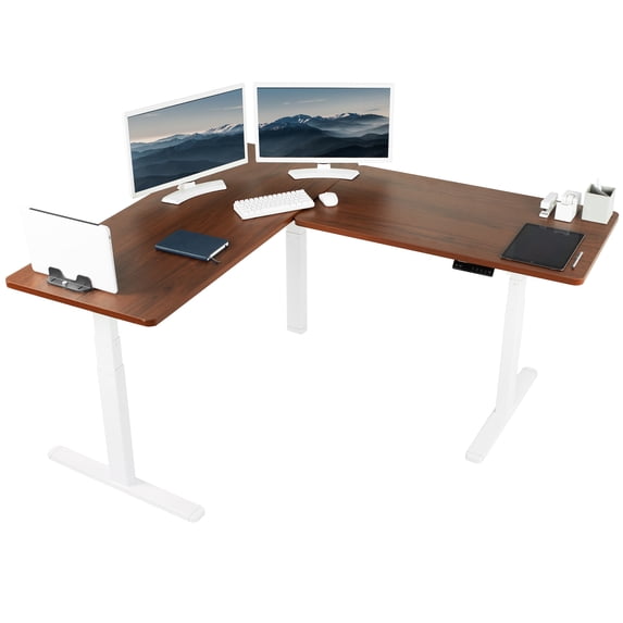 VIVO Electric Stand Up Corner Desk, Dark Walnut Table Tops, White Frame