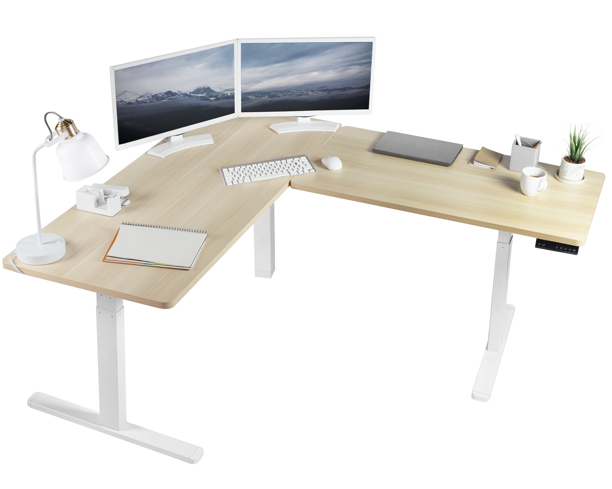 VIVO Light Wood & White Electric L-Shaped Adjustable Desk