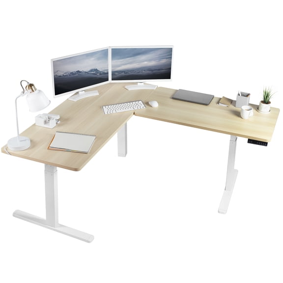VIVO Electric Stand Up Corner Desk, Light Wood Table Tops, White Frame