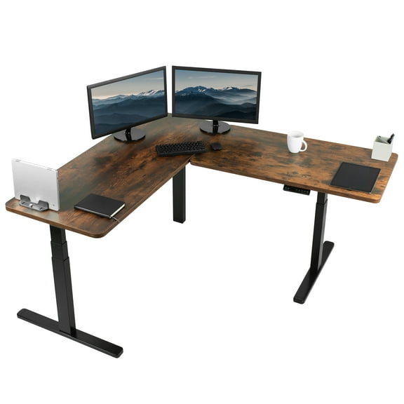 VIVO Electric Stand Up Corner Desk, Rustic Vintage Brown Table Tops, Black Frame