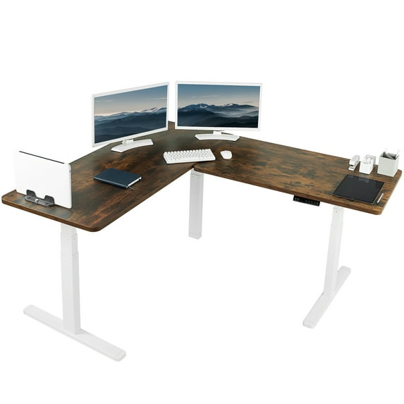 VIVO Electric Stand Up Corner Desk, Rustic Vintage Brown Table Tops, White Frame
