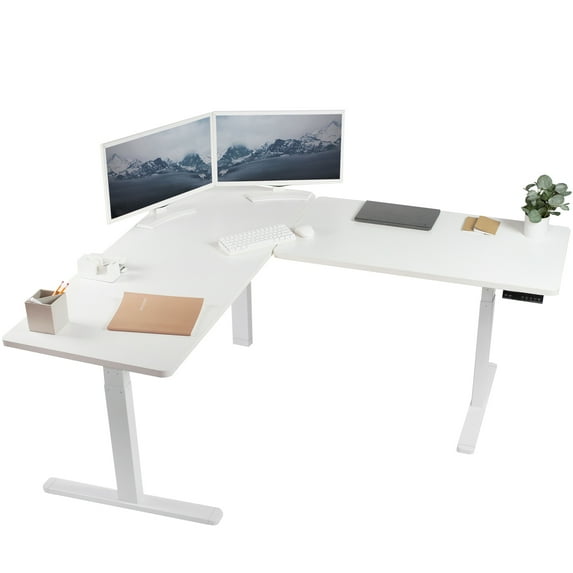 VIVO Electric Stand Up Corner Desk, White Table Tops, White Frame