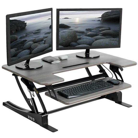 VIVO Gray Height Adjustable Standing Desk Riser, Tabletop Sit-Stand, Black Frame
