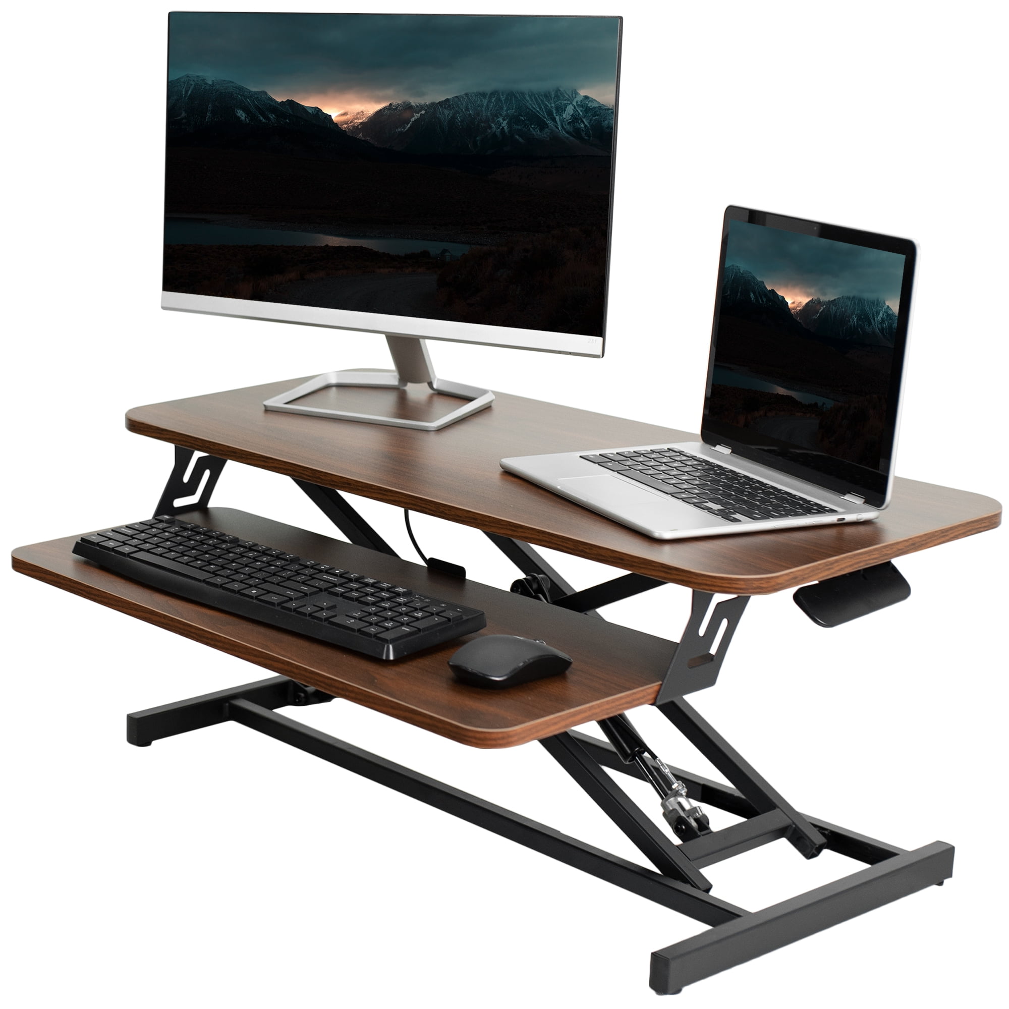 Adjustable 32" Dark Walnut & Black X-Frame Standing Desk Converter