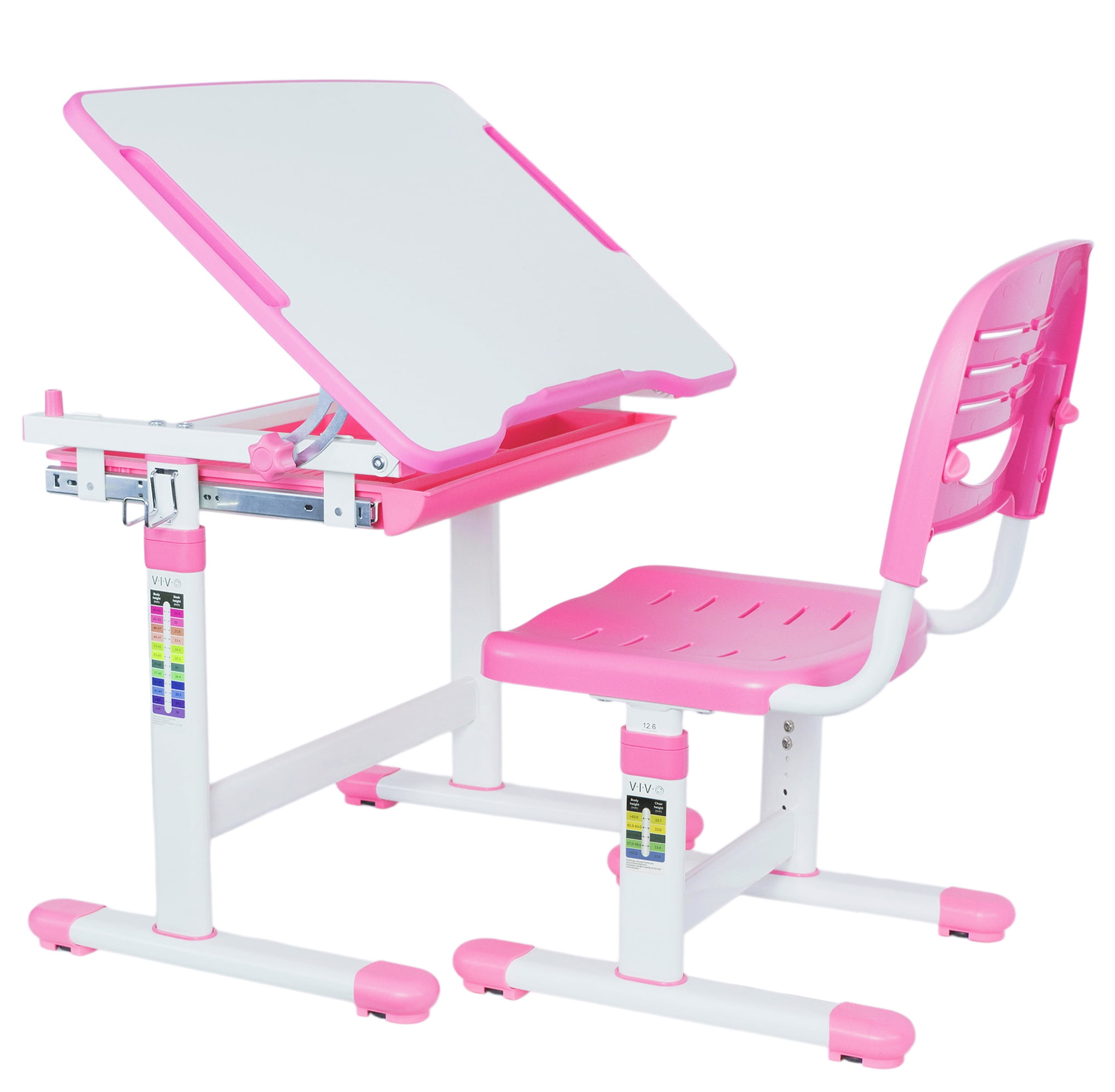 Pink Adjustable Height Kids Desk and Chair Set with Drawer