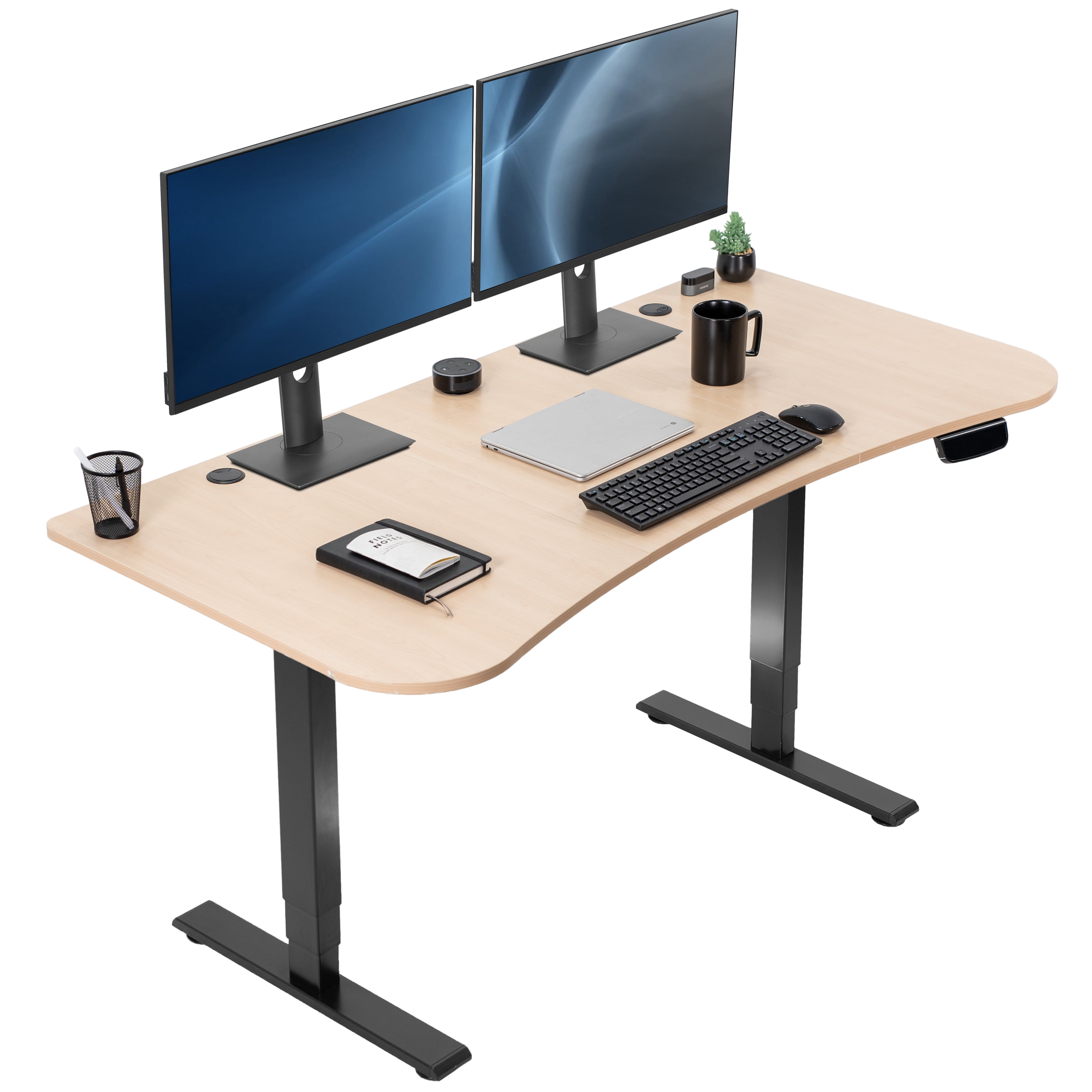 Light Wood and Black Adjustable Height Standing Desk with Power Outlet
