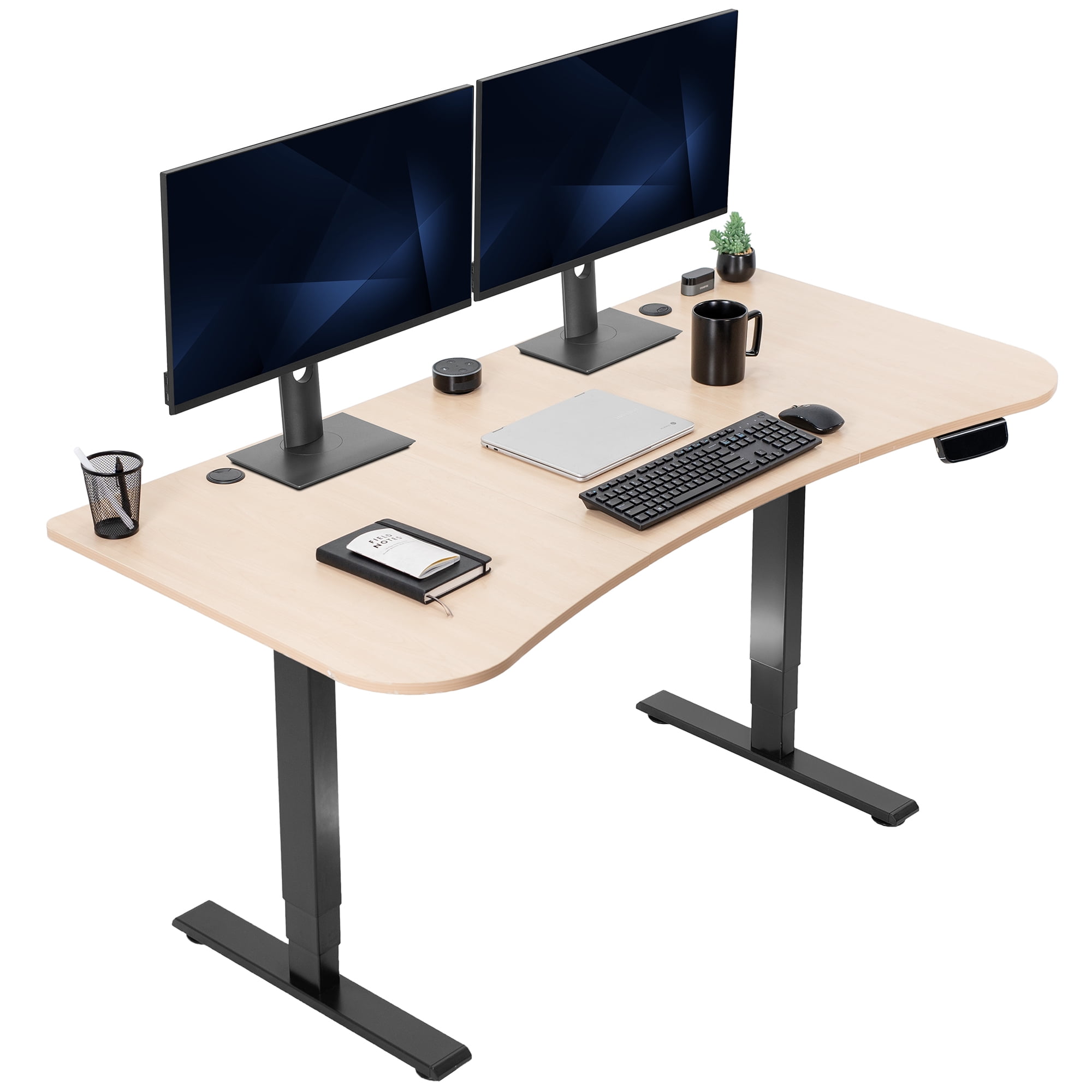 Light Wood and Black Adjustable Height Standing Desk with Power Outlet