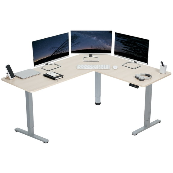 VIVO Light Wood / Gray Electric 63" x 55" Corner Desk, L-Shaped Workstation