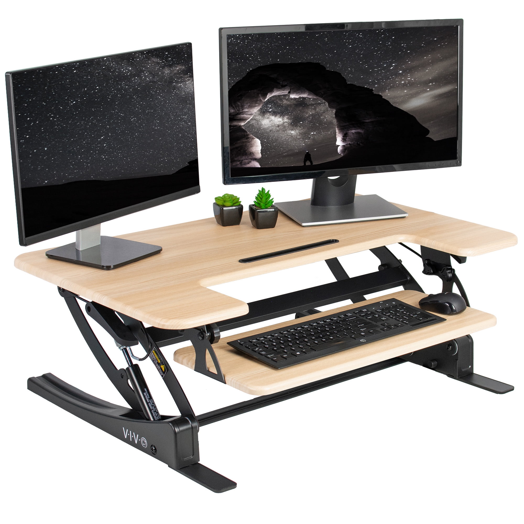 Light Wood Height Adjustable Standing Desk Converter with Monitor Riser
