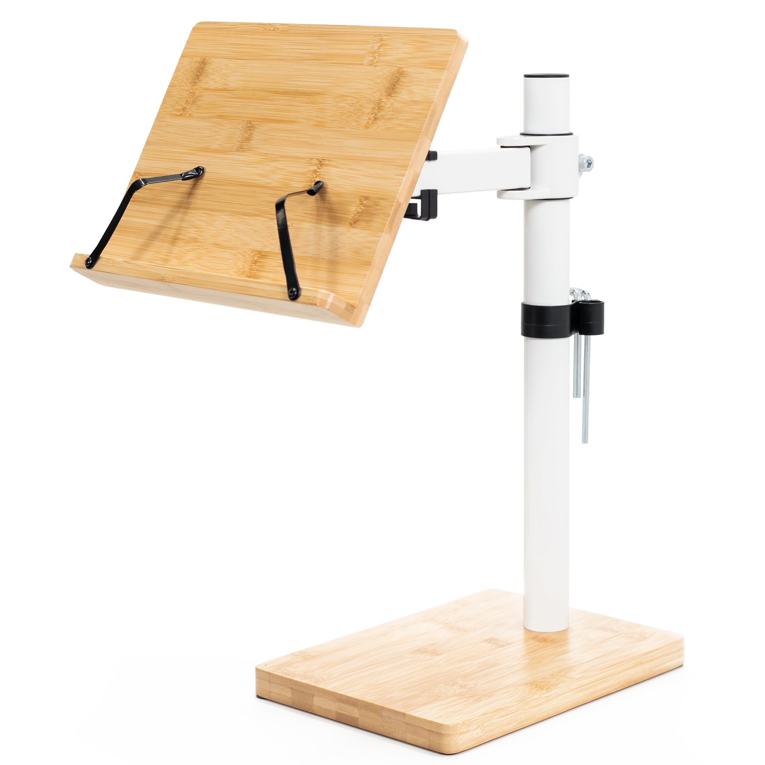 Adjustable Bamboo and White Steel Book Stand for Hands-Free Reading