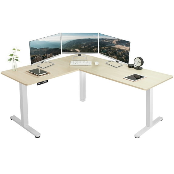 VIVO Light Wood / White Electric 63" x 55" Corner Desk, L-Shaped Workstation