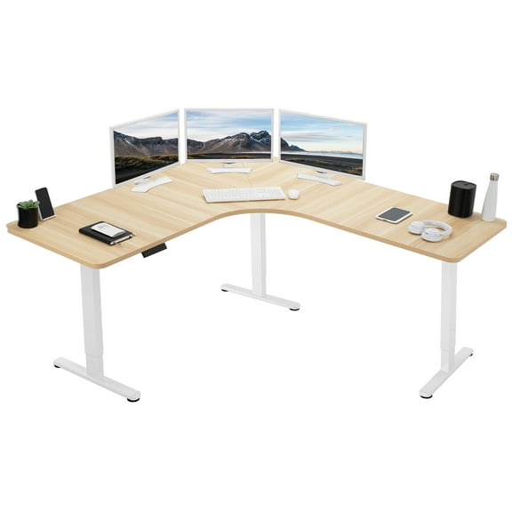 VIVO Light Wood / White Electric 71" x 71" Curved Corner Stand Up Desk