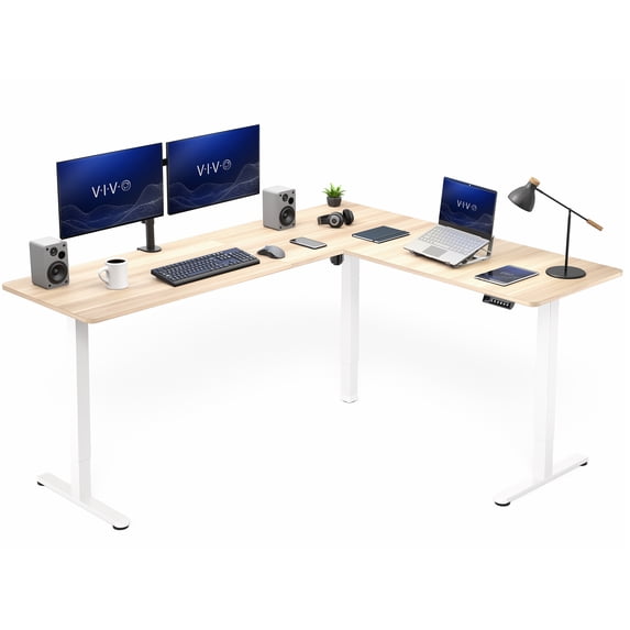 VIVO Light Wood / White Electric 75" x 63" Corner Desk Workstation
