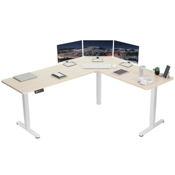 VIVO Light Wood / White Electric 75" x 63" Corner Desk Workstation