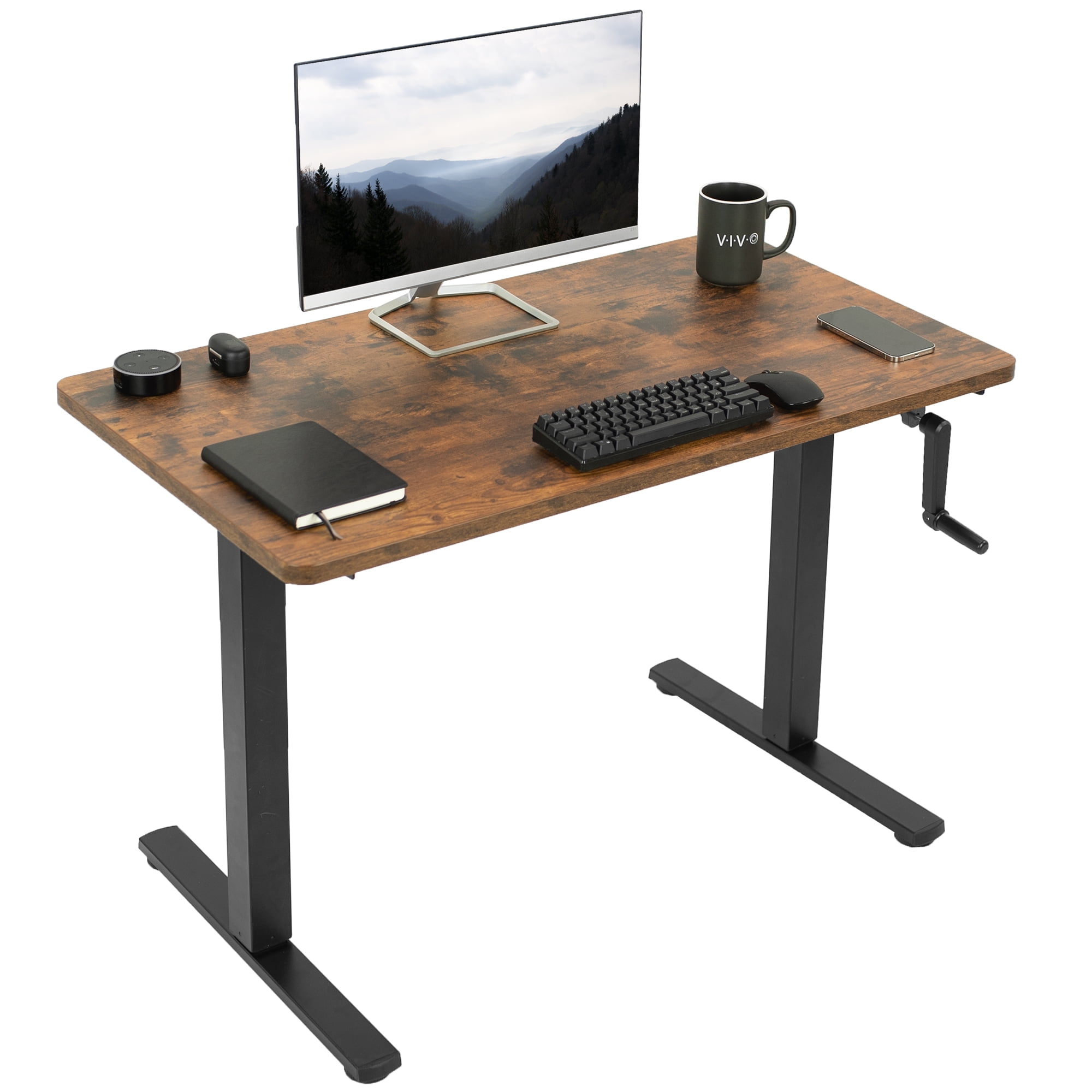 Vintage Brown Particle Board Manual Adjustable Standing Desk with Black Frame