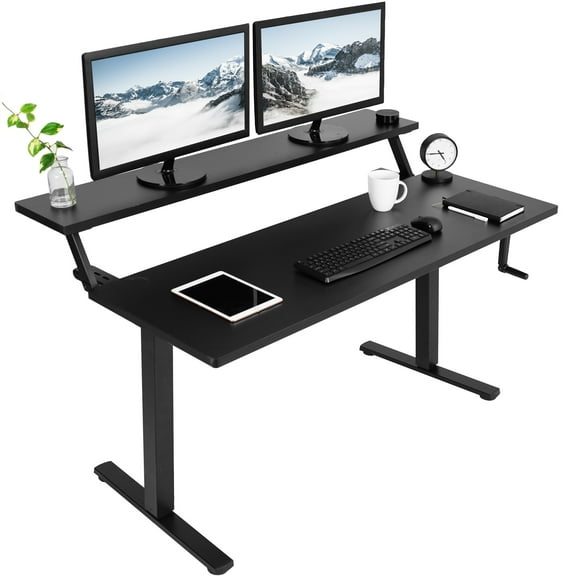 VIVO Manual 55 x 30 Stand Up Desk, Black Dual Tier Table Top, Black Frame