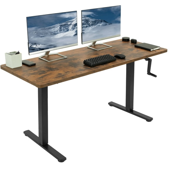 VIVO Manual 60” x 24” Stand Up Desk, Rustic Vintage Brown Table Top, Black Frame