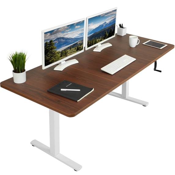 VIVO Manual 71” x 30” Stand Up Desk, Dark Walnut Table Top, White Frame