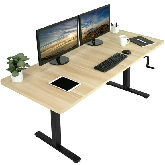 VIVO Manual 71” x 30” Stand Up Desk, Light Wood Table Top, Black Frame
