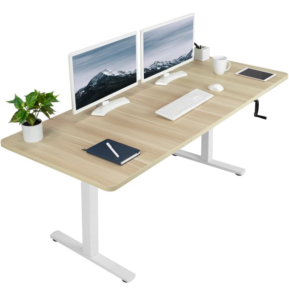 VIVO Manual 71” x 30” Stand Up Desk, Light Wood Table Top, White Frame