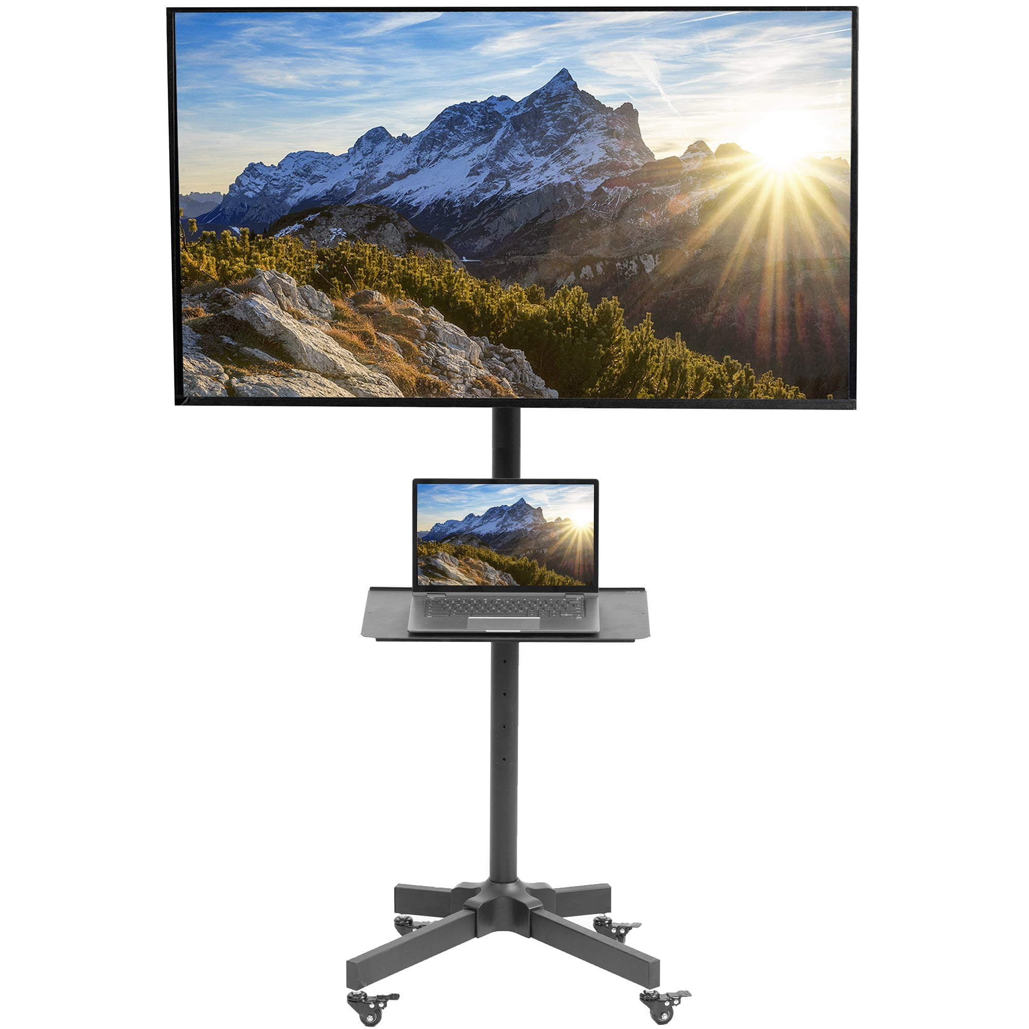 Black Adjustable Mobile TV Cart with Shelf and Wheels
