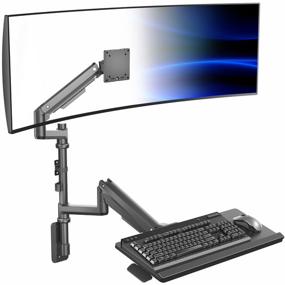 Vivo Black Pneumatic Ultrawide Monitor Wall Mount and Keyboard Tray for 49 inch screens