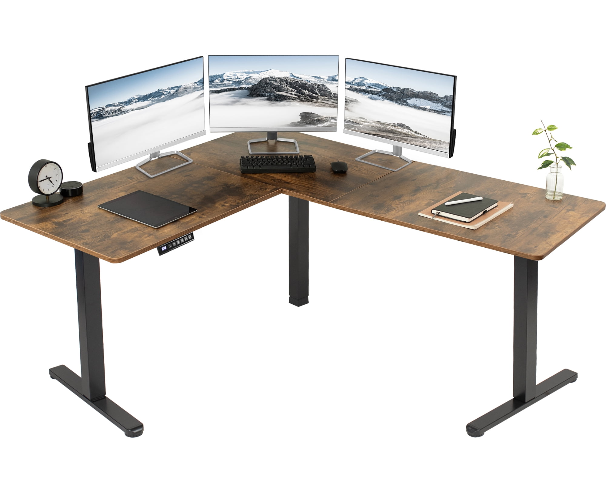 Vintage Brown and Black Adjustable Height L-Shaped Standing Desk