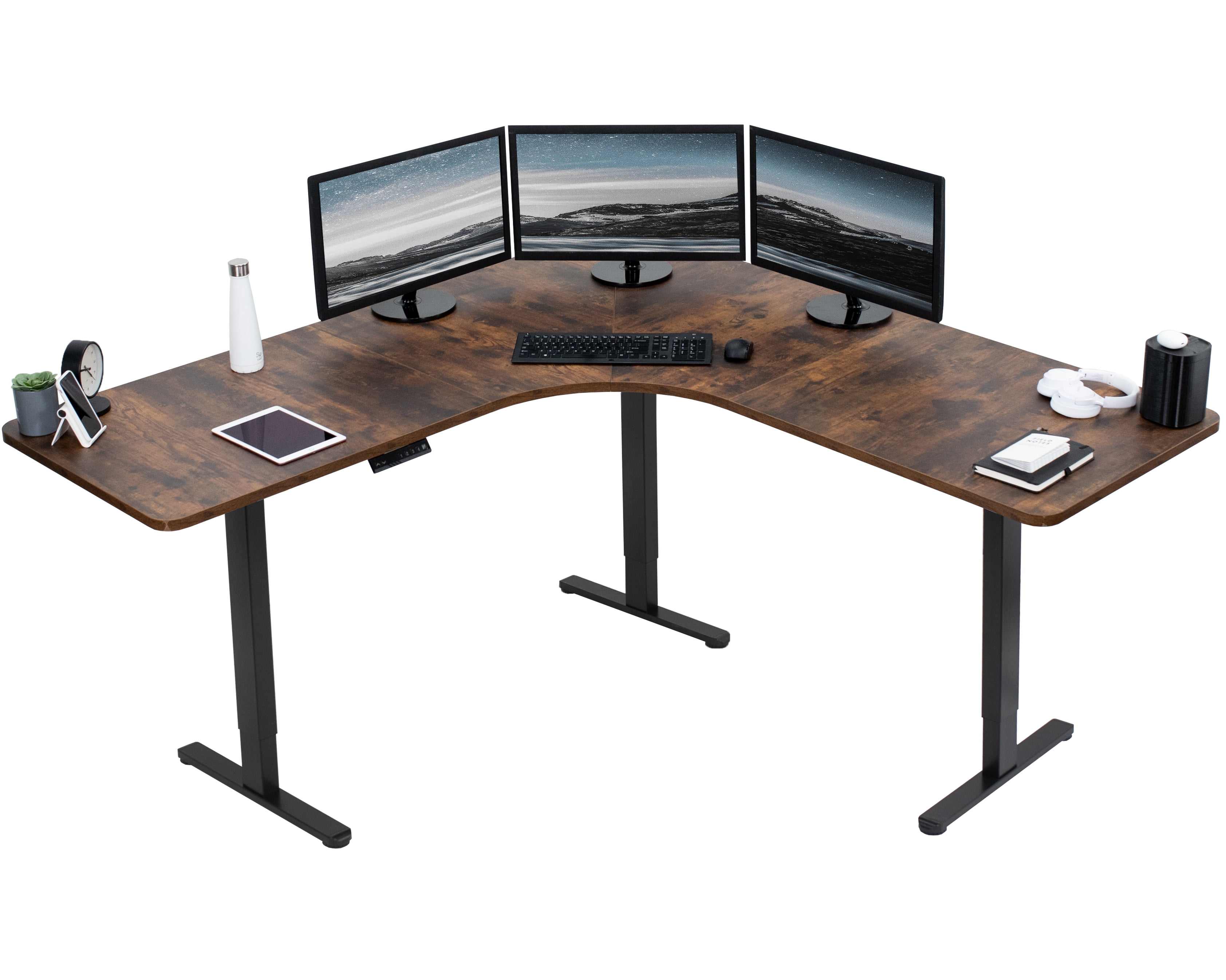 Rustic Vintage Brown L-Shaped Electric Adjustable Standing Desk