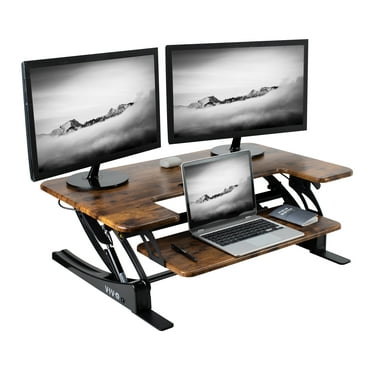 VIVO Rustic Vintage Brown Standing Desk Riser, Tabletop Sit-Stand, Black Frame