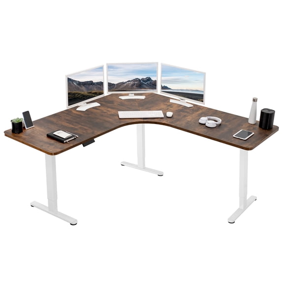 VIVO Rustic Vintage Brown / White Electric 71" x 71" Curved Corner Stand Up Desk