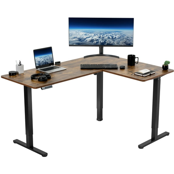 VIVO Vintage Brown / Black Electric 63" x 47" Corner Standing Desk