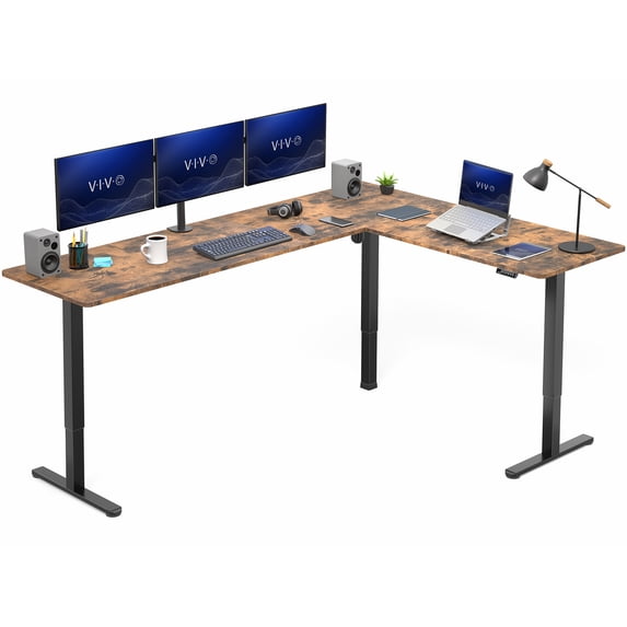 VIVO Vintage Brown / Black Electric 84" x 63" Corner Desk, L-Shaped Workstation