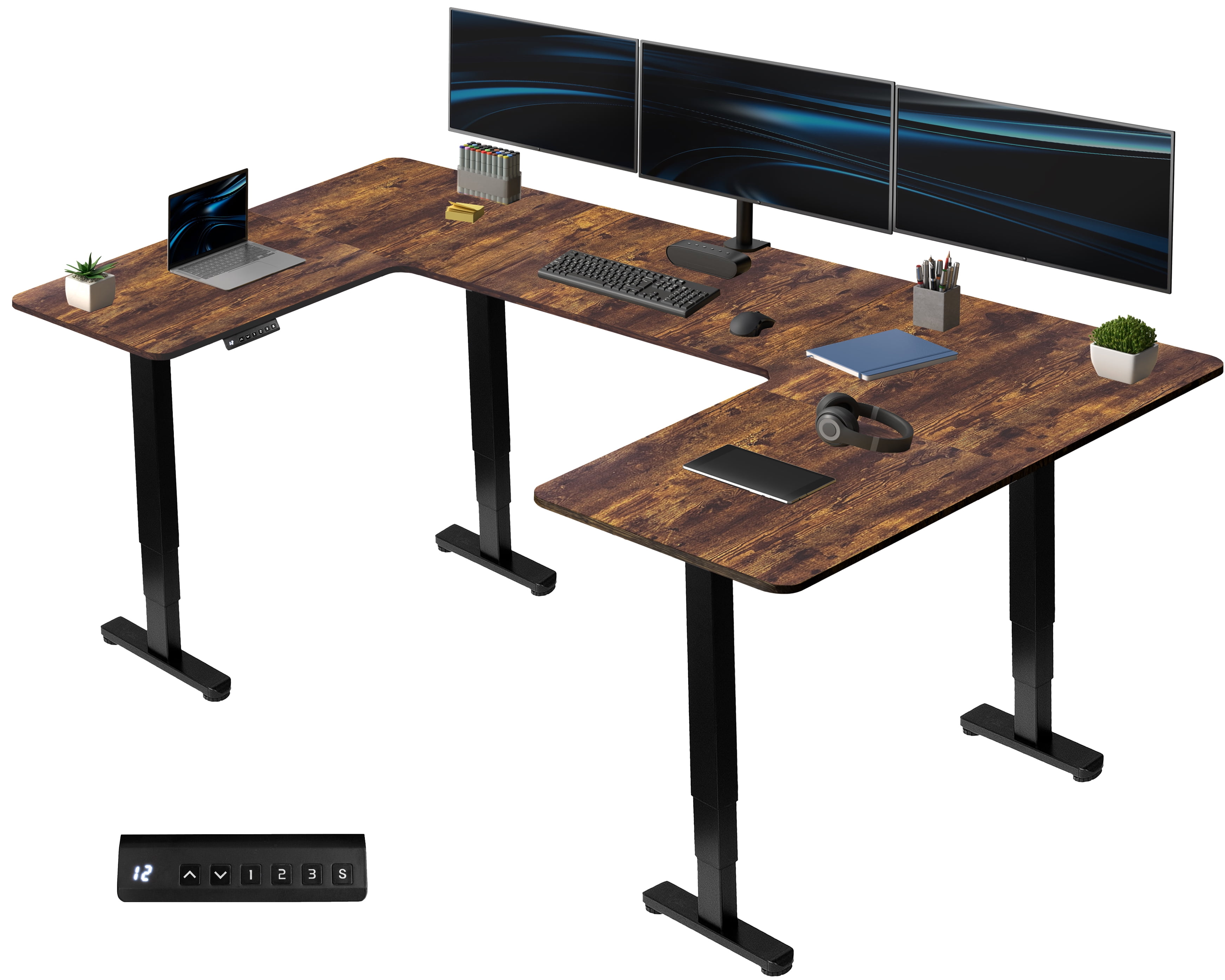 VIVO Vintage Brown/Black U-Shaped 83"x60" Height Adjustable 4-Leg Electric Desk